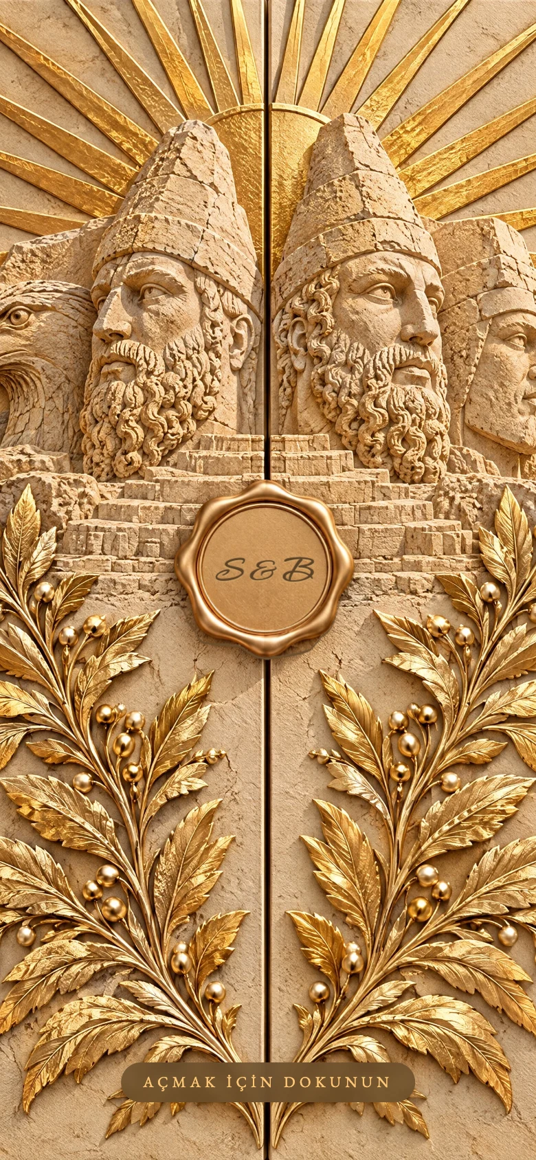 Nemrut Dağı dijital düğün davetiyesi kapağı: sıcak kum taşı dokulu çift kanatlı kapakta oyma taş Nemrut heykel başları, kartal başı, altın güneş ışınları ve altın defne dalları