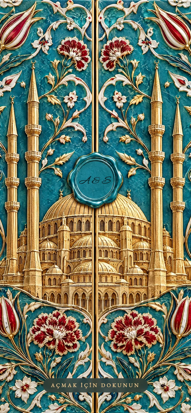 Selimiye dijital düğün davetiyesi kapağı: turkuaz ve beyaz İznik çinisi yüzeyli çift kanatlı kapakta altın kabartma Selimiye Camii ve dört minaresi, kırmızı laleler, karanfiller ve beyaz çiçekli çiniler