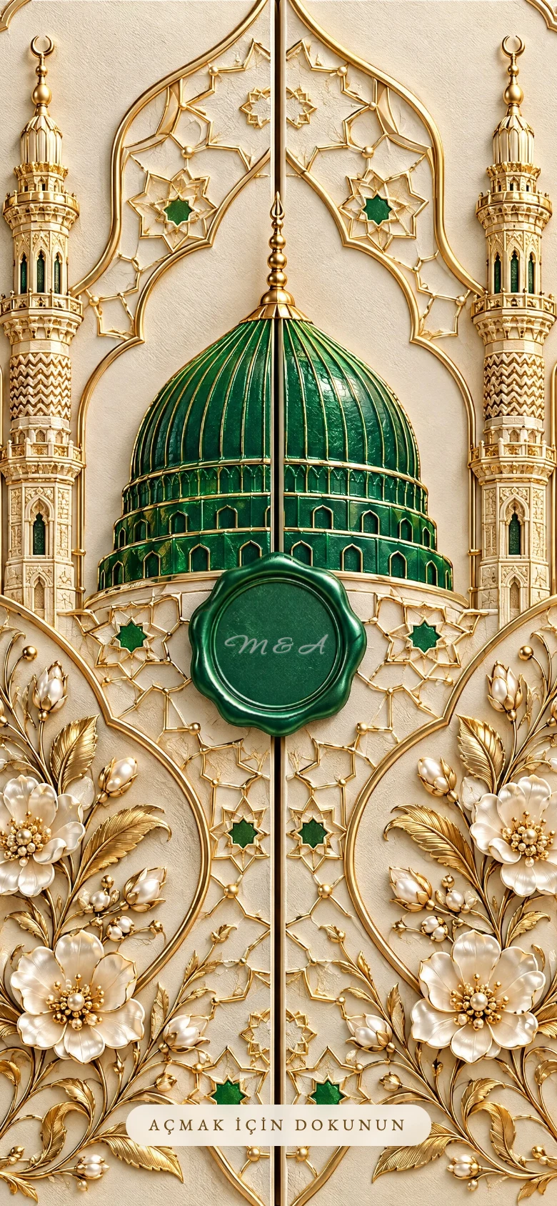 Yeşil Kubbe dijital düğün davetiyesi kapağı: fildişi kâğıtlı çift kanatlı kapakta zümrüt mineli Yeşil Kubbe, ince altın minareler, yıldız geçmeler ve inci çiçekler
