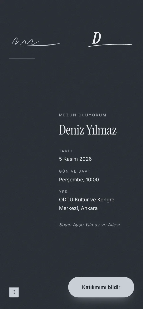 Dijital mezuniyet davetiyesi kapağı: Arduvaz Mezun tasarımı telefon ekranında