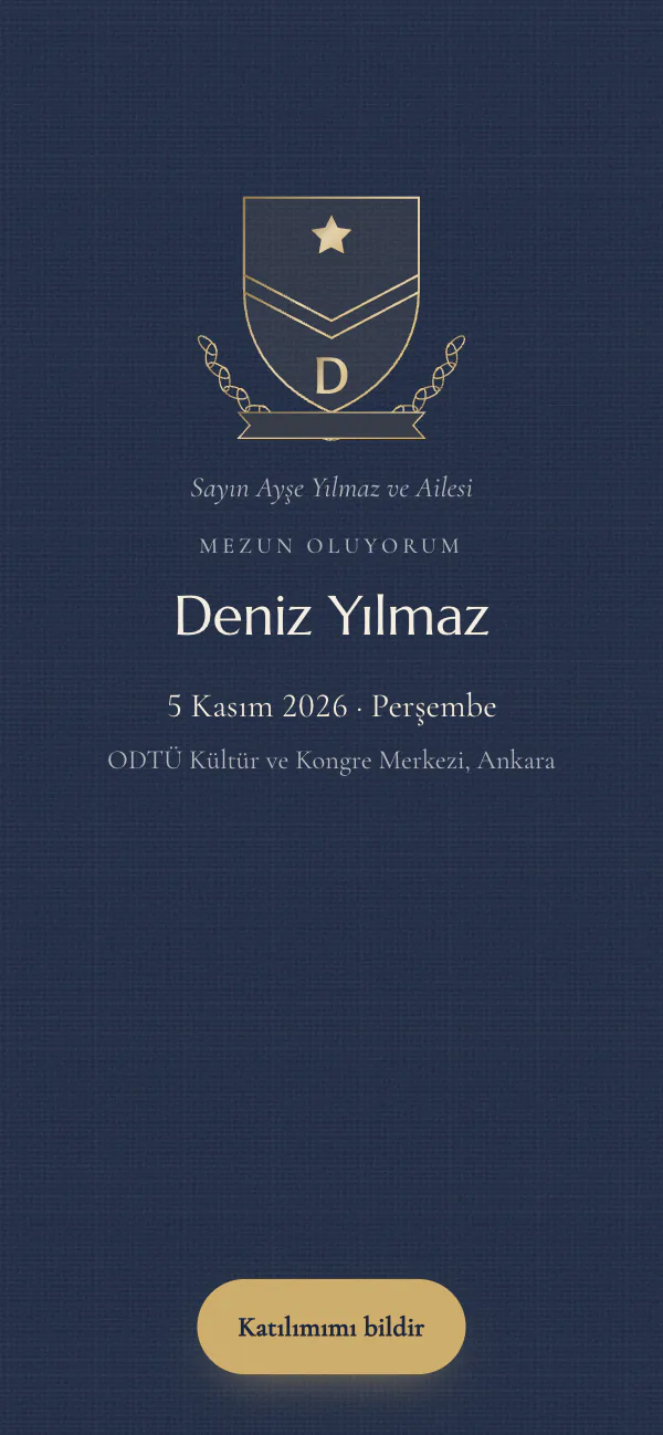 Dijital mezuniyet davetiyesi kapağı: Arma Mezun tasarımı telefon ekranında