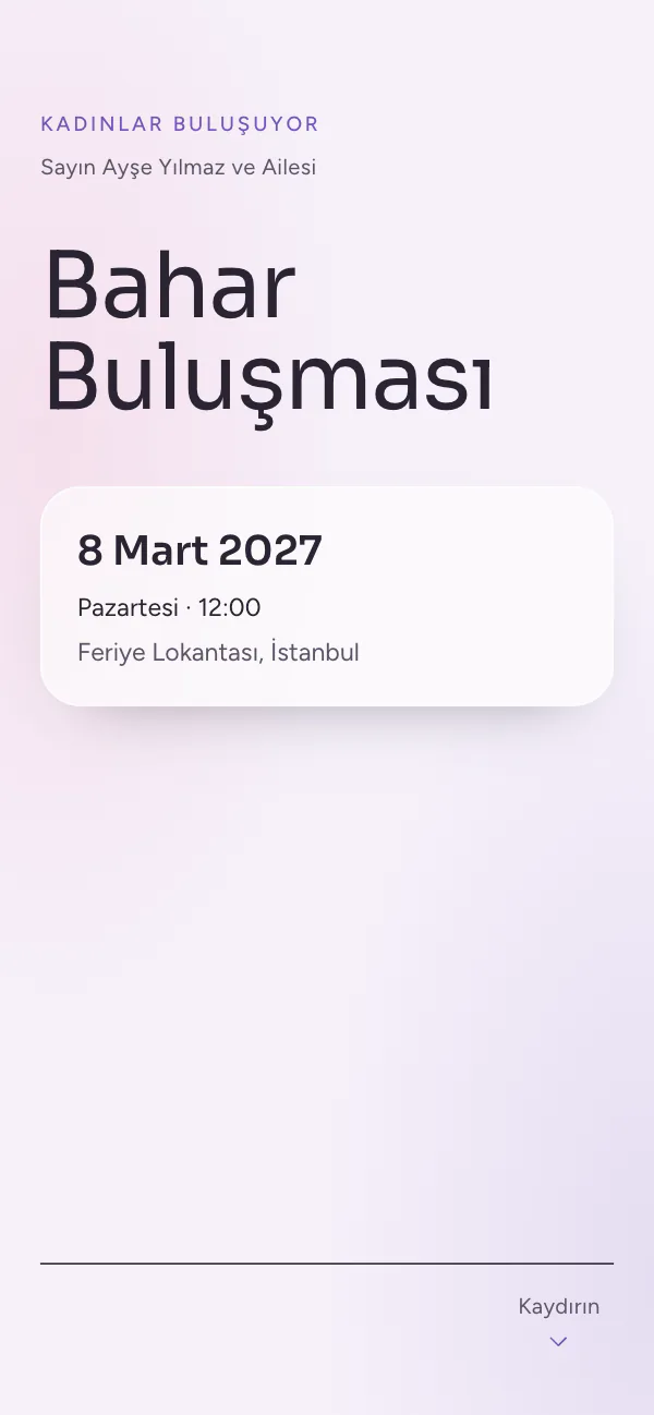 Dijital yılbaşı partisi davetiyesi kapağı: Aura Cam tasarımı telefon ekranında