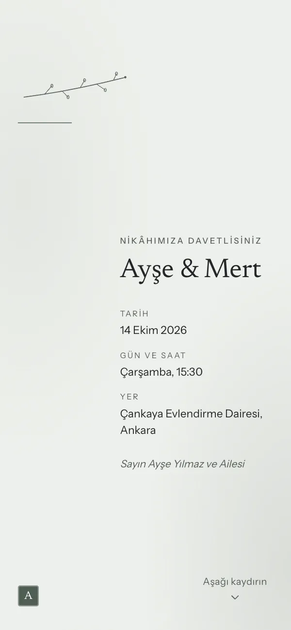 Dijital nikâh davetiyesi kapağı: Aydınger Çiçek tasarımı telefon ekranında