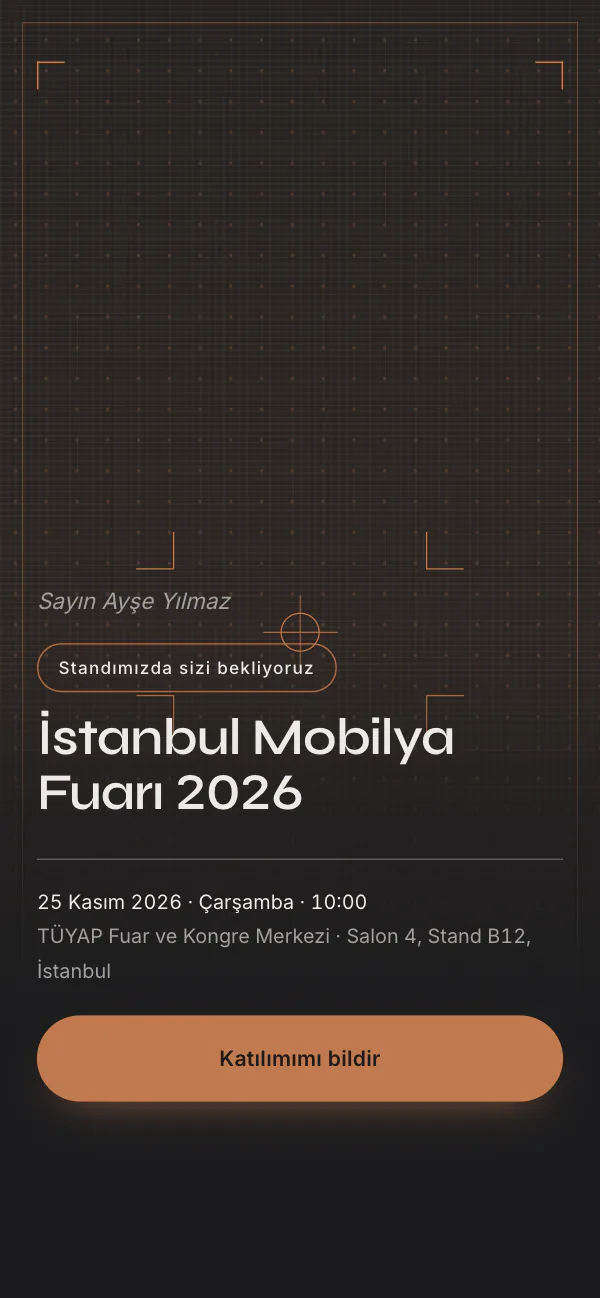 Dijital fuar davetiyesi kapağı: Bakır Atölye tasarımı telefon ekranında
