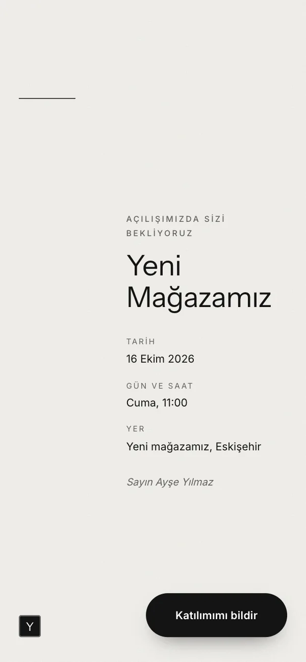 Dijital fuar davetiyesi kapağı: Beyaz Küp tasarımı telefon ekranında