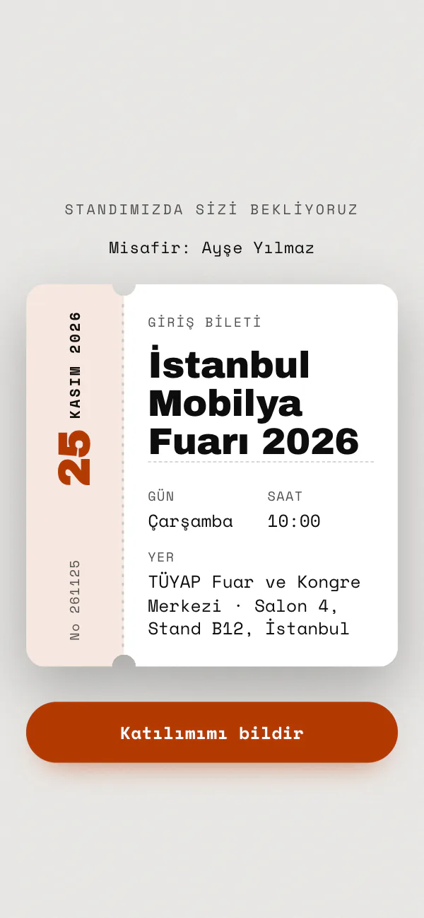 Dijital fuar davetiyesi kapağı: Brüt Bilet tasarımı telefon ekranında