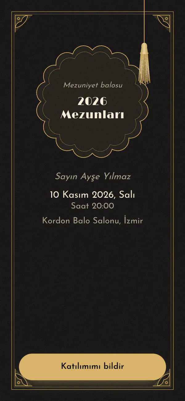 Dijital mezuniyet davetiyesi kapağı: Deco Balo tasarımı telefon ekranında
