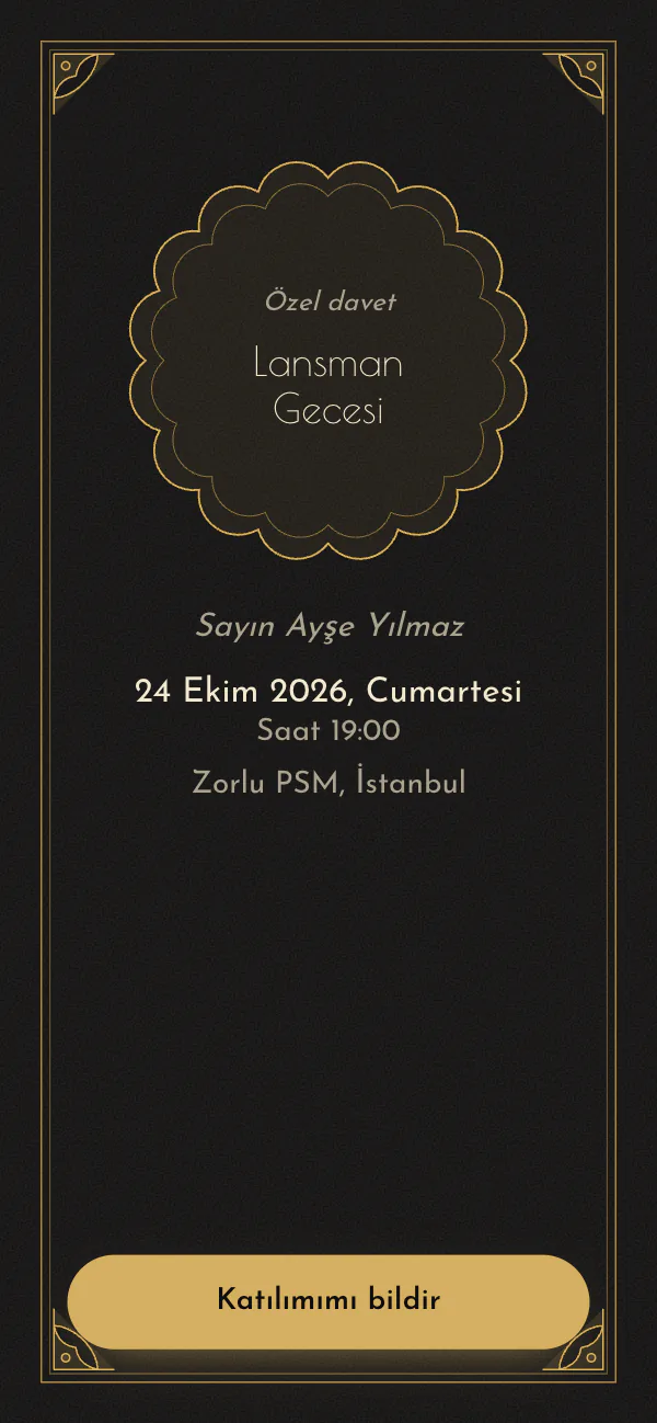 Dijital fuar davetiyesi kapağı: Deco Gece tasarımı telefon ekranında