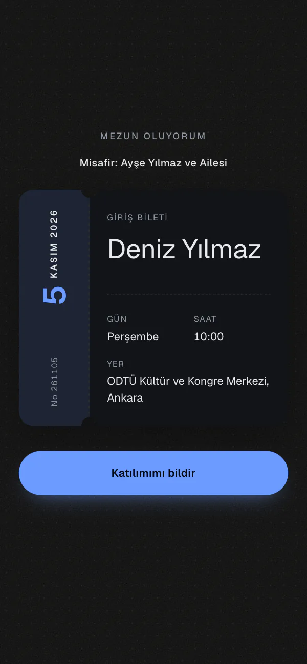 Dijital mezuniyet davetiyesi kapağı: Erişim Kartı tasarımı telefon ekranında