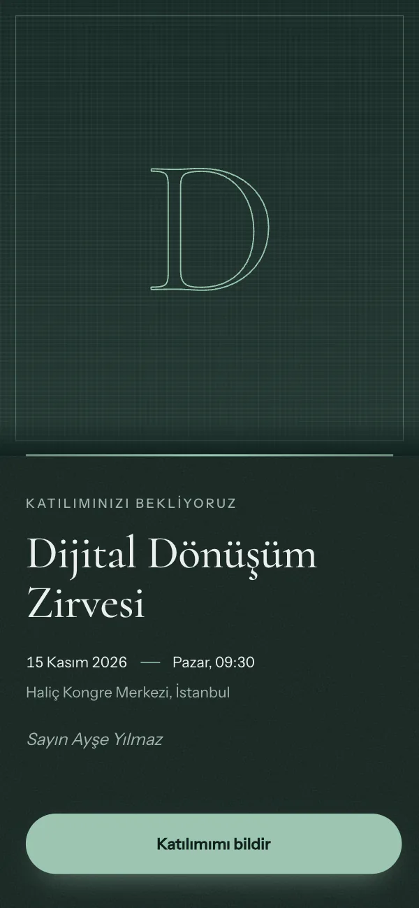 Dijital fuar davetiyesi kapağı: Füme Vellum tasarımı telefon ekranında