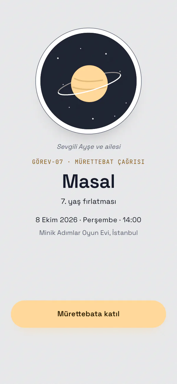 Dijital doğum günü davetiyesi kapağı: Görev Dosyası tasarımı telefon ekranında