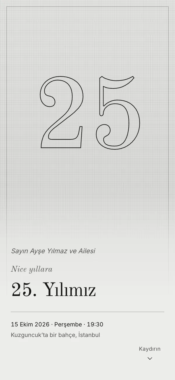 Dijital nikâh davetiyesi kapağı: Gümüş Yıllar tasarımı telefon ekranında