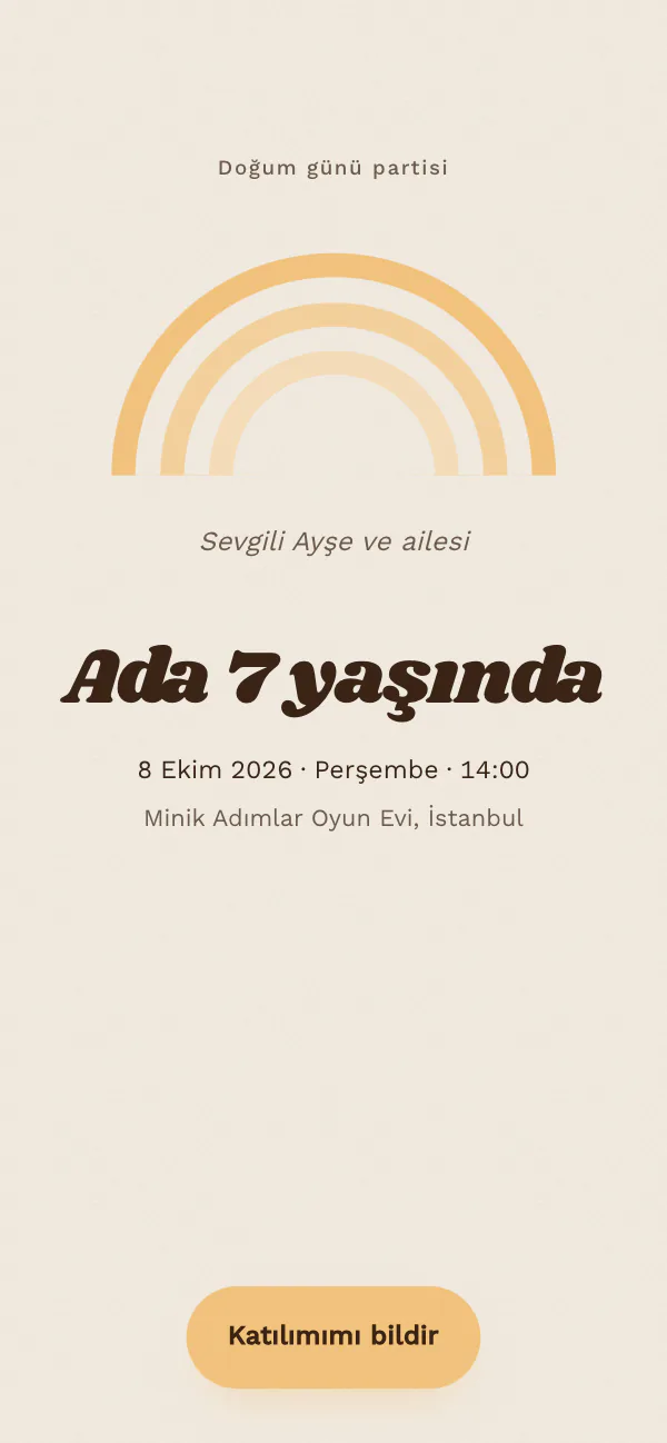 Dijital doğum günü davetiyesi kapağı: Hardal Yay tasarımı telefon ekranında