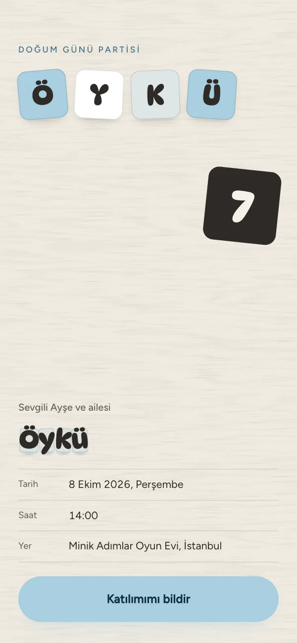 Dijital doğum günü davetiyesi kapağı: Harf Blokları tasarımı telefon ekranında