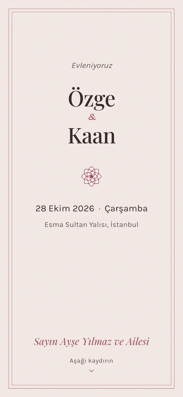 Dijital nikâh davetiyesi kapağı: Kâğıt Çiçek tasarımı telefon ekranında