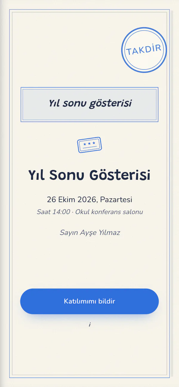 Dijital mezuniyet davetiyesi kapağı: Karne Günü tasarımı telefon ekranında