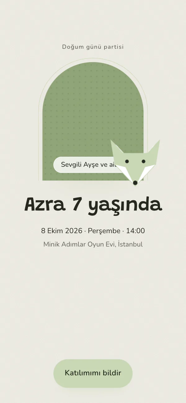 Dijital doğum günü davetiyesi kapağı: Keçe Tilki tasarımı telefon ekranında