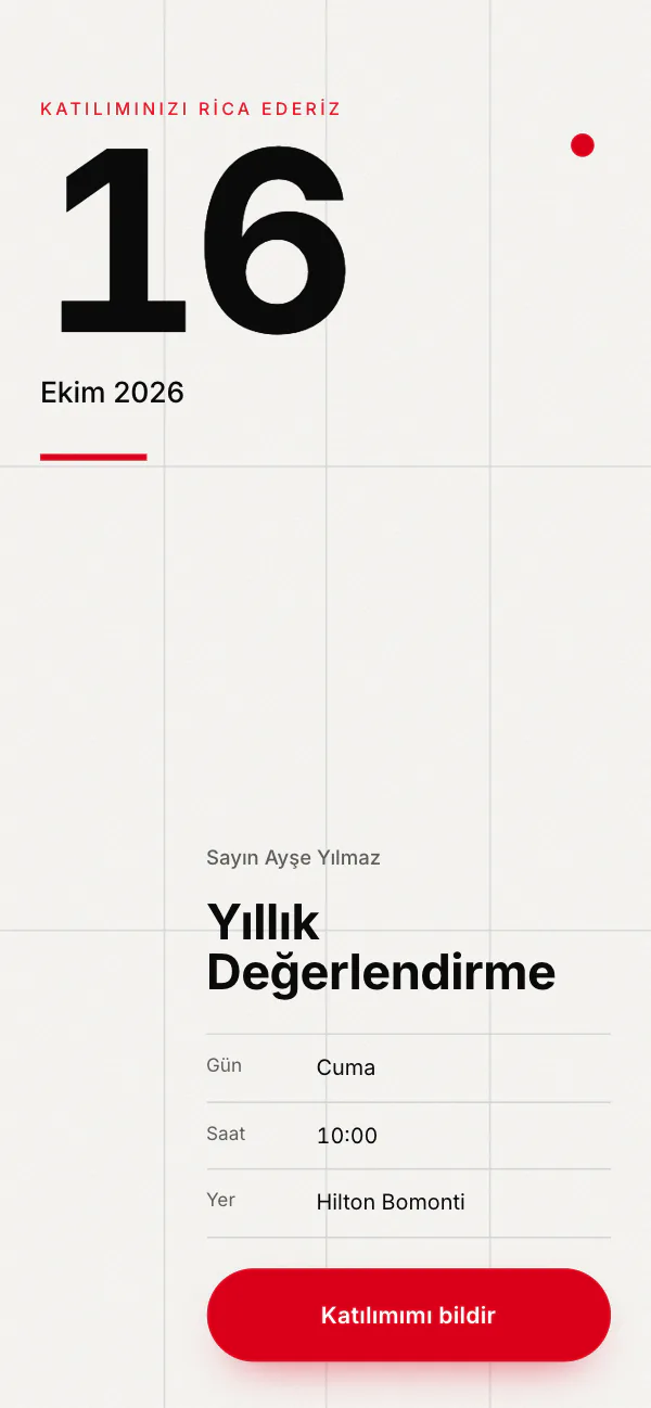 Dijital fuar davetiyesi kapağı: Kırmızı Izgara tasarımı telefon ekranında
