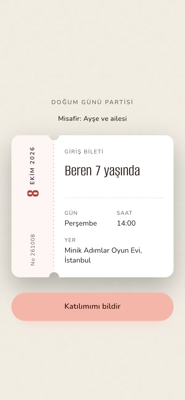 Dijital doğum günü davetiyesi kapağı: Lunapark Bileti tasarımı telefon ekranında
