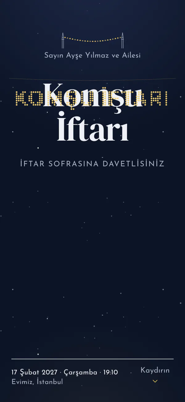Dijital iftar davetiyesi kapağı: Mahya Işığı tasarımı telefon ekranında