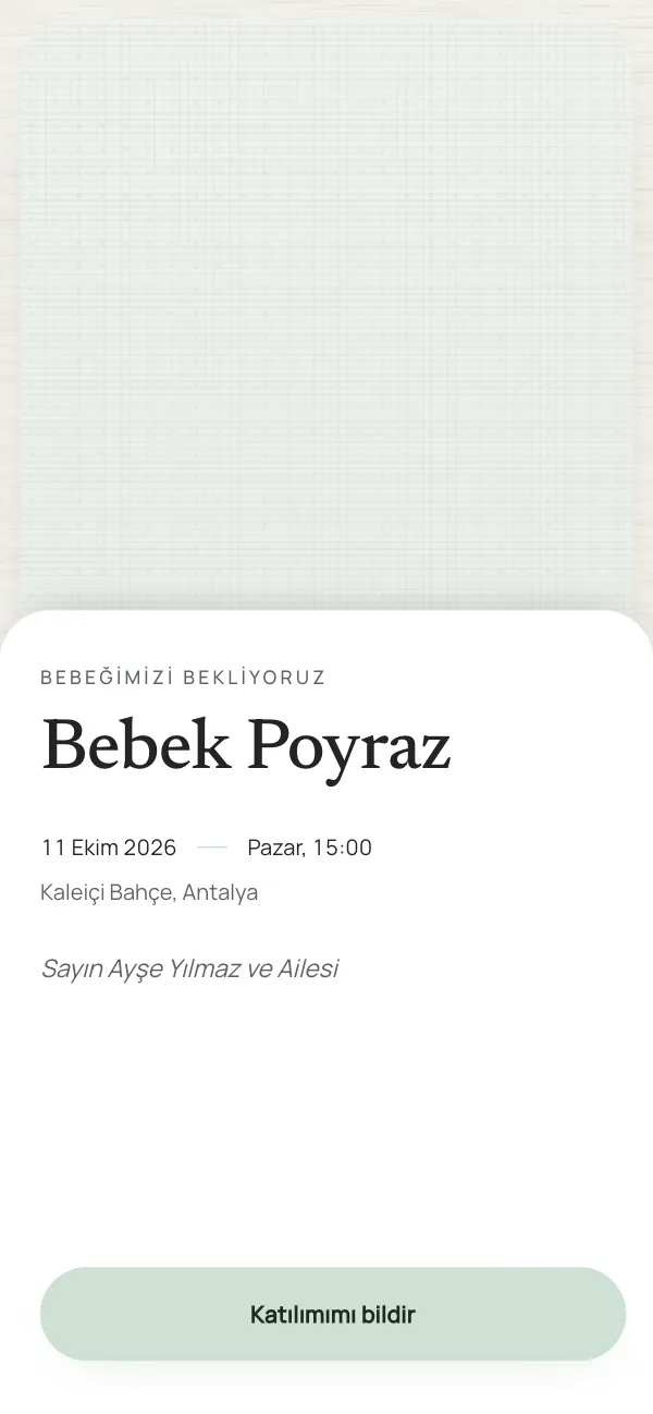 Dijital cinsiyet partisi davetiyesi kapağı: Meşe Çekmece tasarımı telefon ekranında