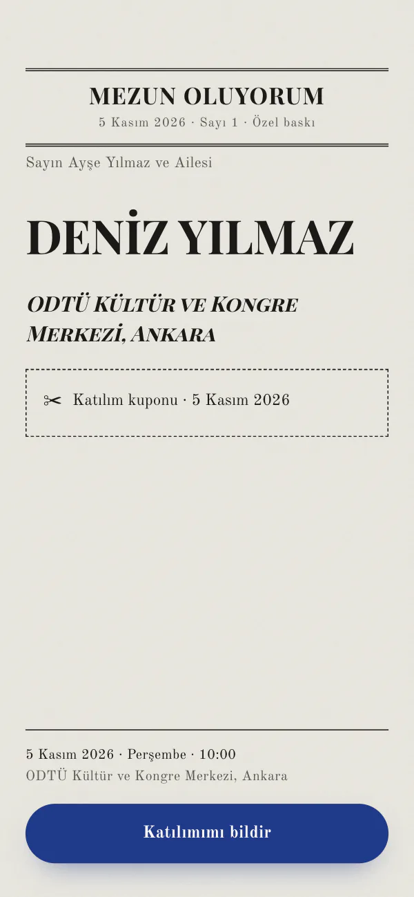 Dijital mezuniyet davetiyesi kapağı: Mezun Gazetesi tasarımı telefon ekranında