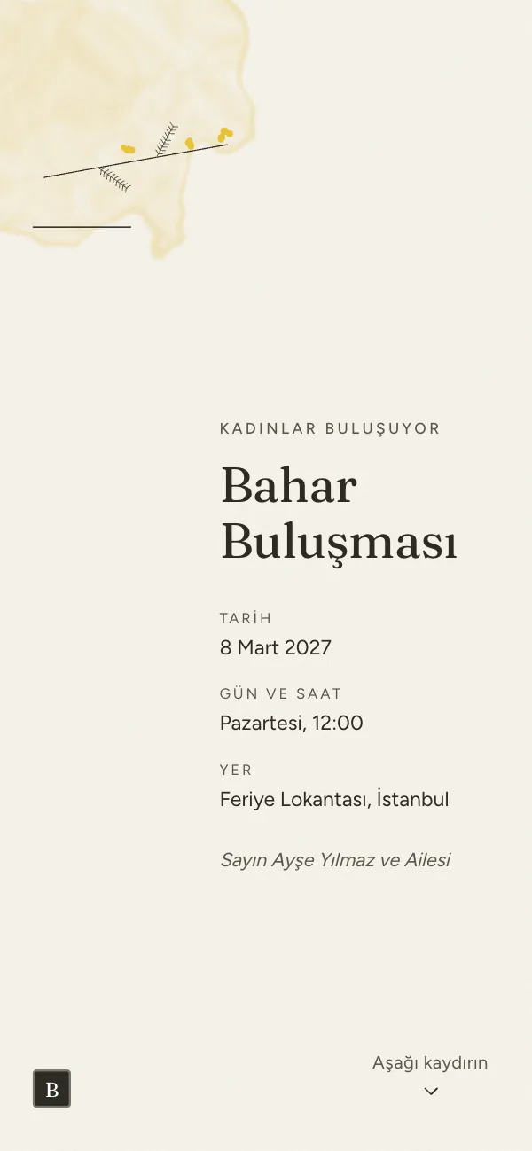 Dijital yılbaşı partisi davetiyesi kapağı: Mimoza Dalı tasarımı telefon ekranında