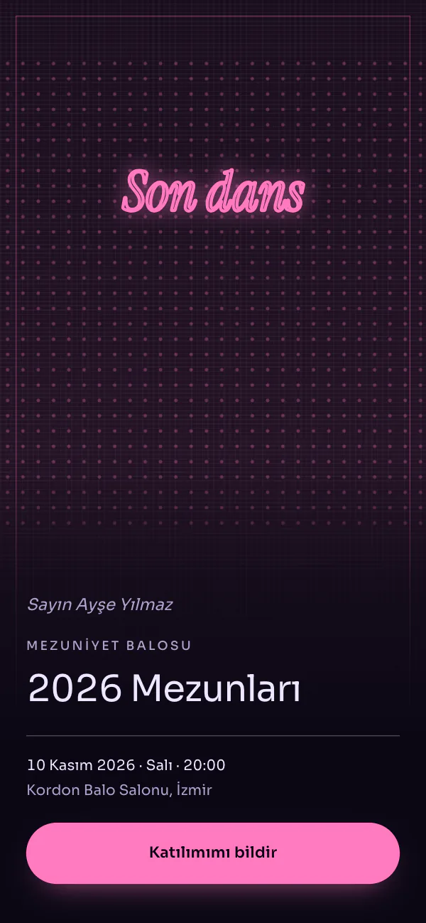 Dijital mezuniyet davetiyesi kapağı: Neon Balo tasarımı telefon ekranında