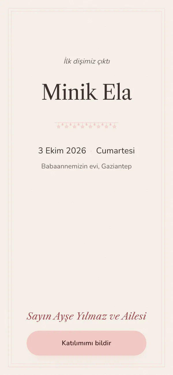 Dijital cinsiyet partisi davetiyesi kapağı: Oya Kenarı tasarımı telefon ekranında