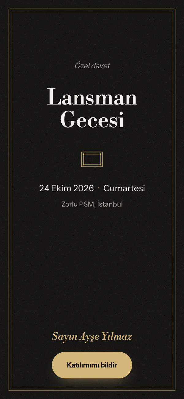 Dijital fuar davetiyesi kapağı: Siyah Gala tasarımı telefon ekranında