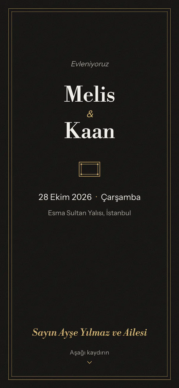 Dijital nikâh davetiyesi kapağı: Siyah Smokin tasarımı telefon ekranında