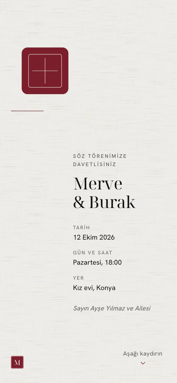 Dijital nikâh davetiyesi kapağı: Söz Yüzüğü tasarımı telefon ekranında