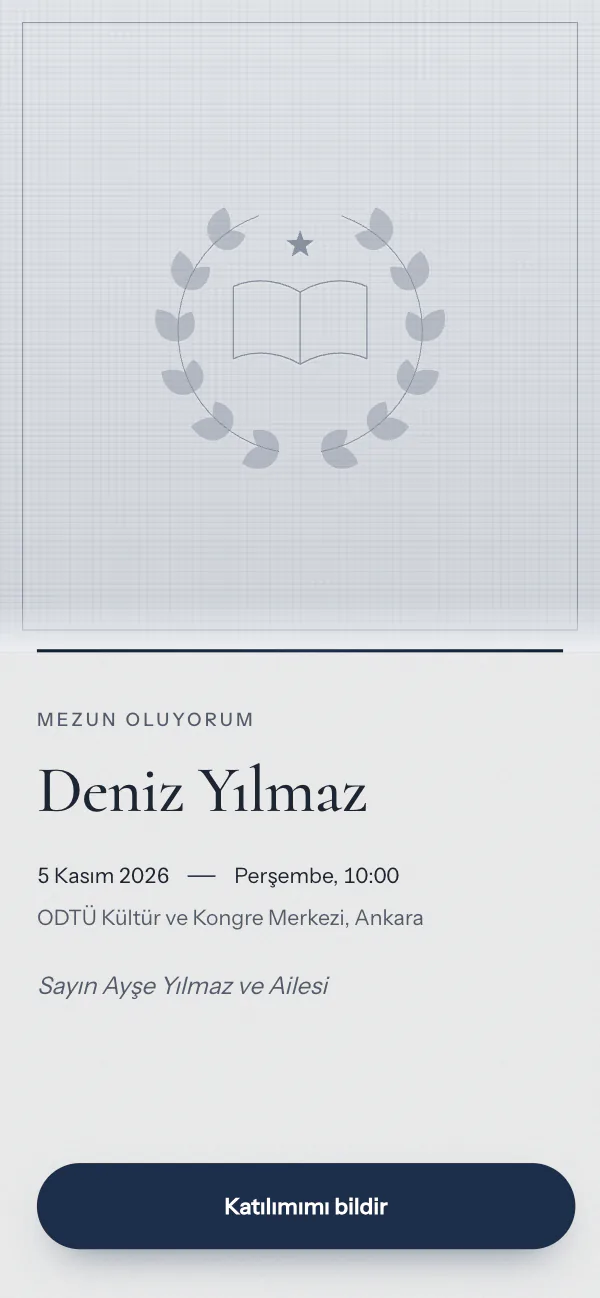 Dijital mezuniyet davetiyesi kapağı: Vellum Diploma tasarımı telefon ekranında