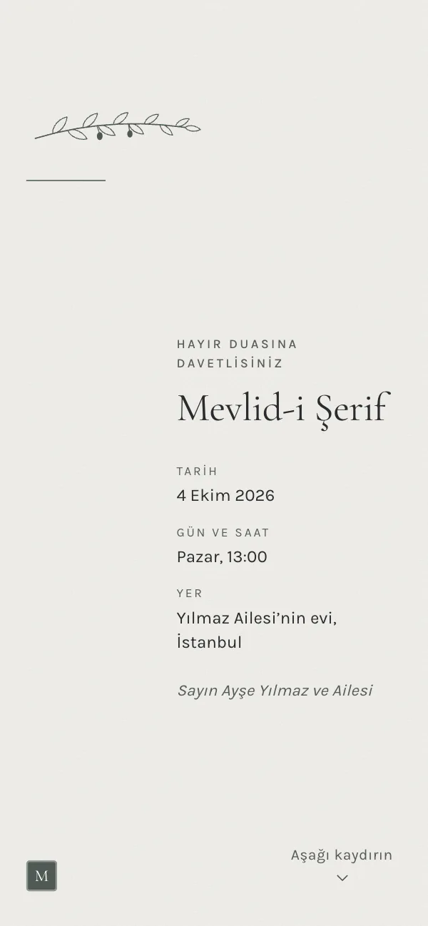 Dijital iftar davetiyesi kapağı: Zeytin Dalı tasarımı telefon ekranında