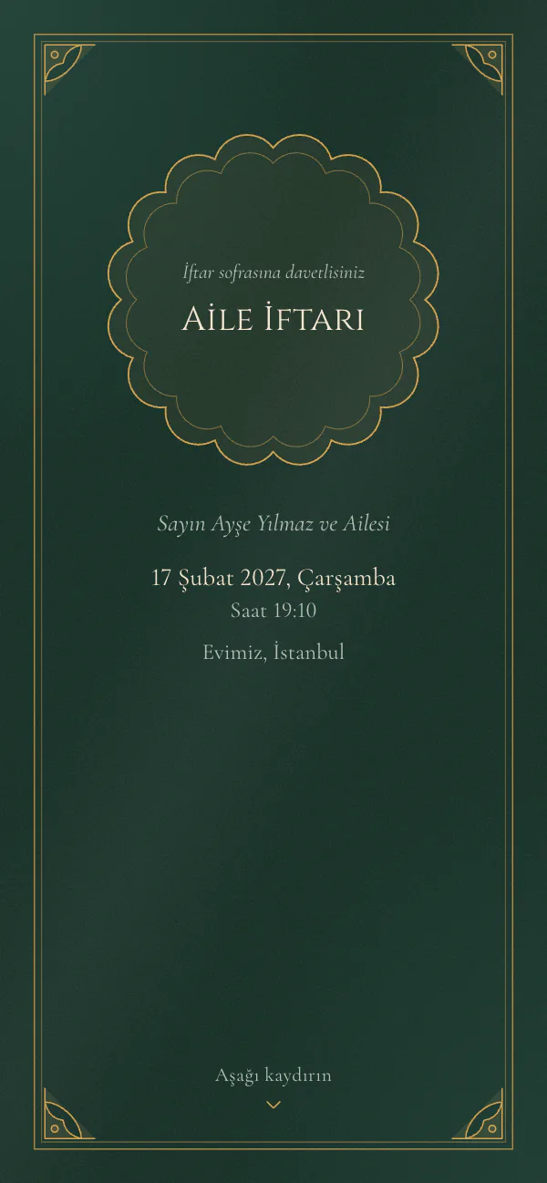 Dijital iftar davetiyesi kapağı: Zümrüt Hilal tasarımı telefon ekranında